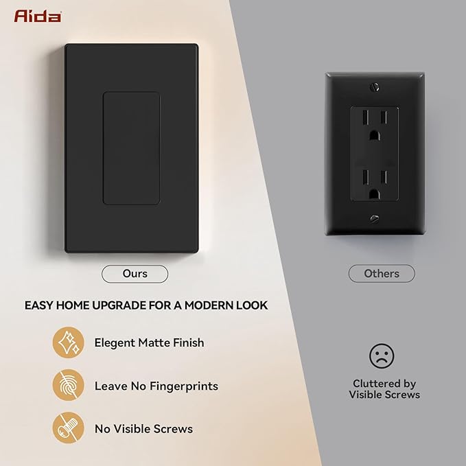 AIDA 1-Gang Screwless Decorative Wall Plates, Mid-Size Unbreakable Thermoplastic Faceplate Cover for Decorator Receptacle Outlet Switch, UL Listed (4 Pack, Matte Black)