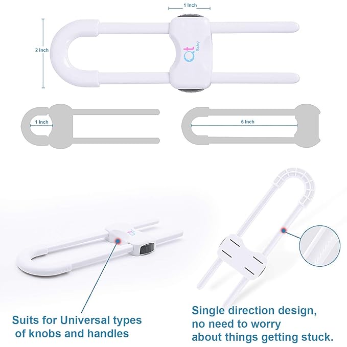 QT BABY - Pack of 12 - Baby Proofing Cabinet Locks Adjustable U Shaped Baby Safety Latches for Drawers, Fridge, Closet Modern Baby Proofing Cabinet Lock with Extra Secure Lock Buttons (White)