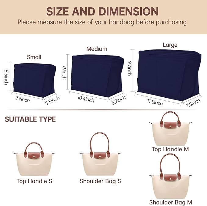 OPPOSHE Purse Organizer Insert for Longchamp Le Pliage, Premium Felt Long Champ Bag Handbag Women, Tote Organizer Insert with 9 Compartments (Medium, Navy)