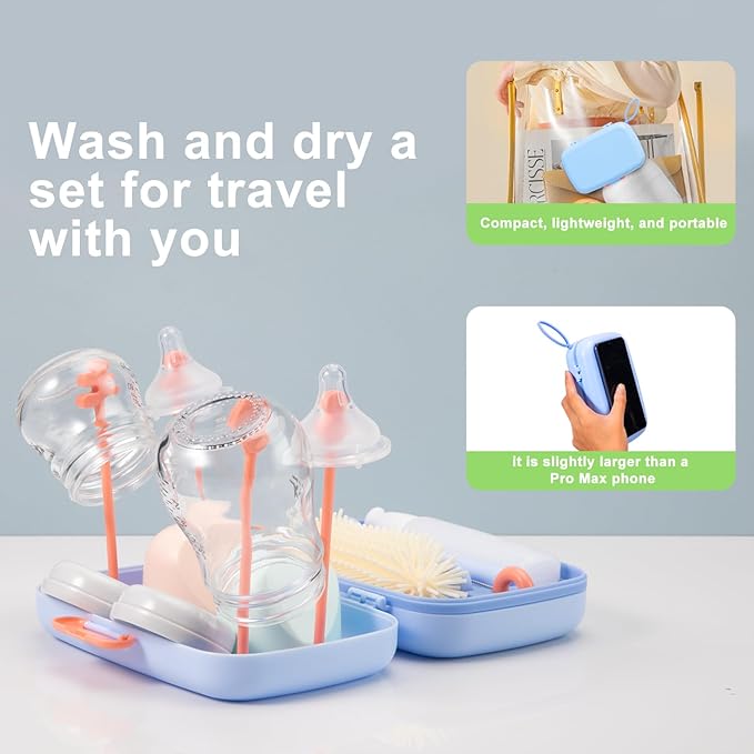 Suvast 7in1 Travel Bottle Cleaner kit with Baby Bottle Brush and Bottle Drying Rack,Swift Cleaning, Easy Portability(Blue)