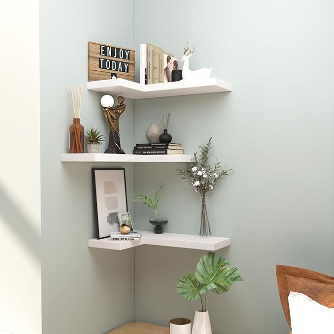 NATURE'S SOURCE Floating Corner Shelves with Invisible Brackets Set of 3, Corner Shelves Wall Mounted, for Home Bedroom Bathroom Kitchen Living Room Office- 16.6" x 11.5" (Pure White)