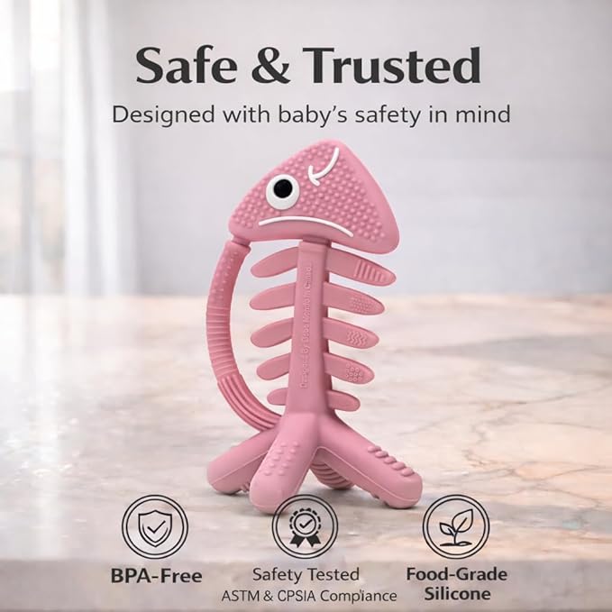 3 in 1 Infant Toys, Baby Teething Toys 3–6 6–12 Months, Teethers for Babies 0–3–6–12 Months for Teething Relief, Baby Gift, Baby Teether Toys, Silicone Sensory Toys,USA Patent Pending, Fish-Rose Pink