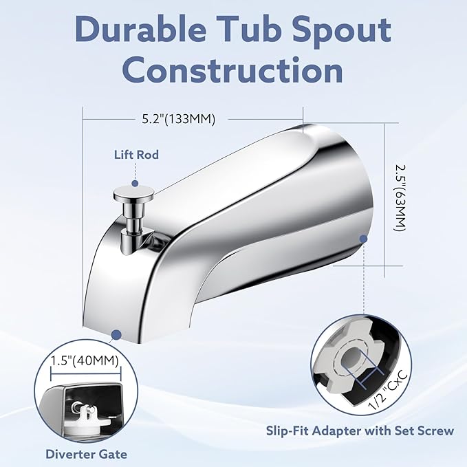Tub Spout with Diverter – Slip-Fit Bathtub Faucet Spout Replacement, 1/2” Copper Pipe Connection, Easy to Install, Universal for Bathroom Shower (Chrome)