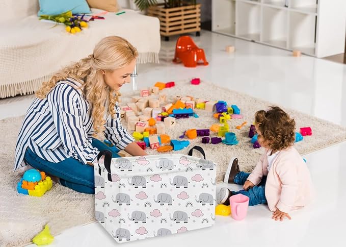 Essme Rectangular Kids Baskets,Elephant Storage Basket with Handles for Boys Room Decor, Toy Box,Cute Storage Bin（Rainbow elephants）