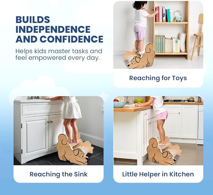 Motherly Haven Wooden Step Stool for Toddlers & Kids, 2-Step Dog Design, Anti-Slip Bathroom Toilet Potty Training Stool, Durable Kitchen Step Stools for Independence & Safety