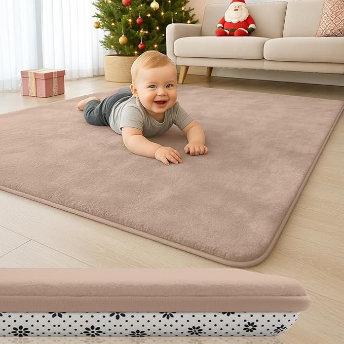 Baby Play Mat for Floor, 1.2″ Thick Foam 47X47 Playpen Mat, Ultra-Soft Velvet for Tummy Time & Crawling, Non-Slip Backing and Easy to Clean, Safe for Infants, Toddlers, and Kids (Lightbrown)