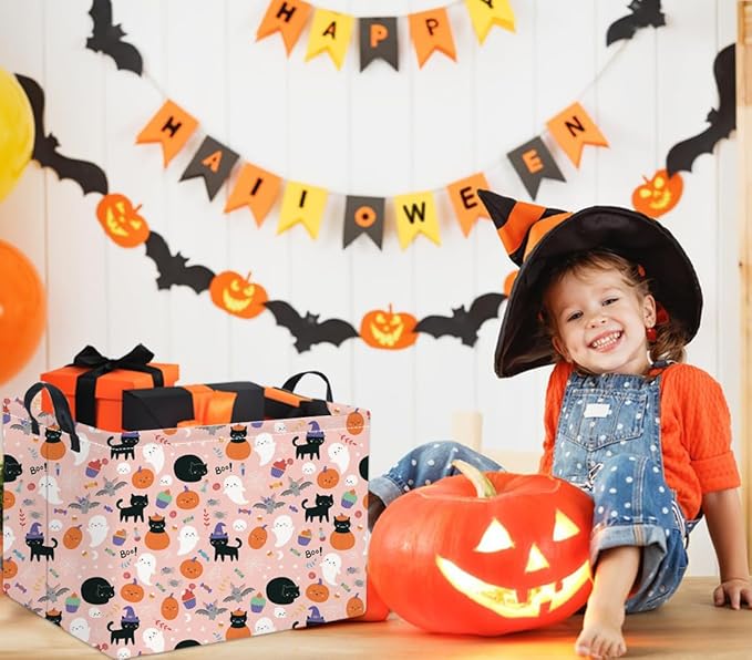 TIBAOLOVER Rectangular Halloween Basket for Kids Cute Pumpkin Basket Storage Bin Organizer Box Room Decor for Halloween Parties(Pink Ghost)