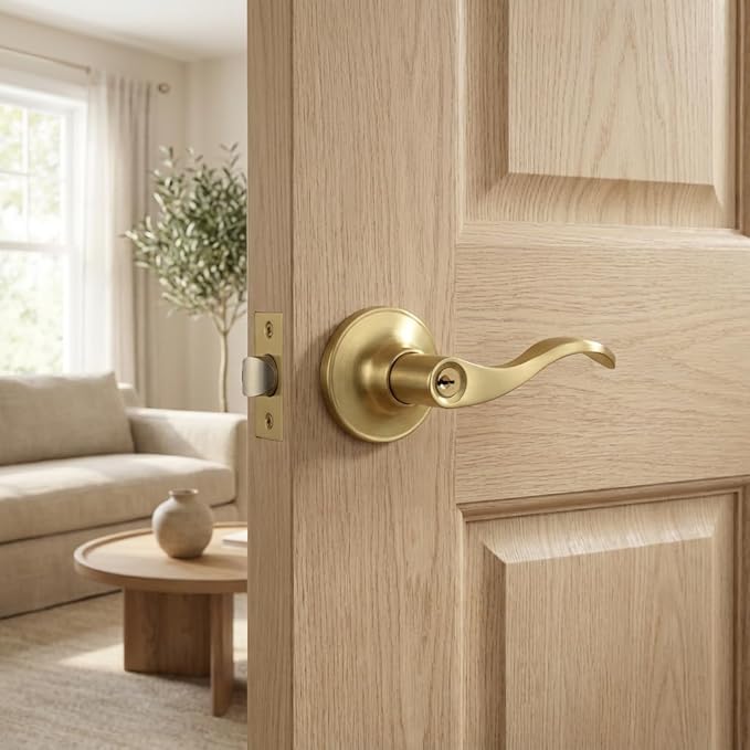1 Pack of HENYIN Wave Lever Keyed Entry Door Lock/Door Knob Hardware Handle and Closet Lockset, Gold Color, with Key,Right Hand(805-G-R)