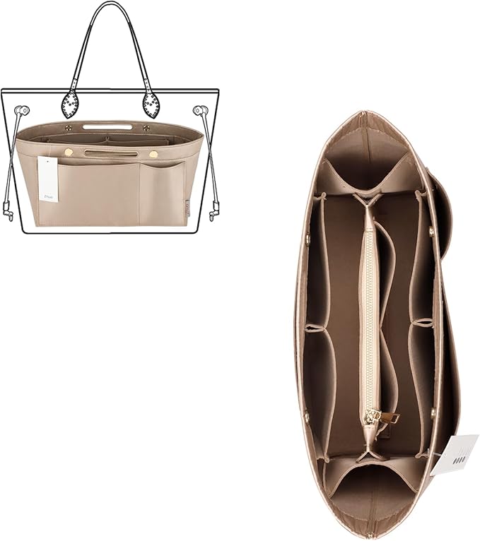 ZTUJO Purse Organizer Insert For Handbags, Silky Bag Organizer With 2 Zippers For Speedy Neverful Tote and More (Beige, X-Small)