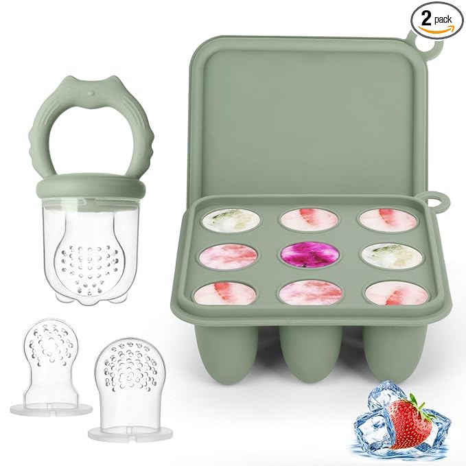 Baby Fruit Food Feeder Breastmilk Popsicle Molds, Silicone Food Freezer Tray for Cooling Teething Relief, Baby Food Feeder for Safe Infant Self Feeding, Includes 3 Extra Food Pacifier