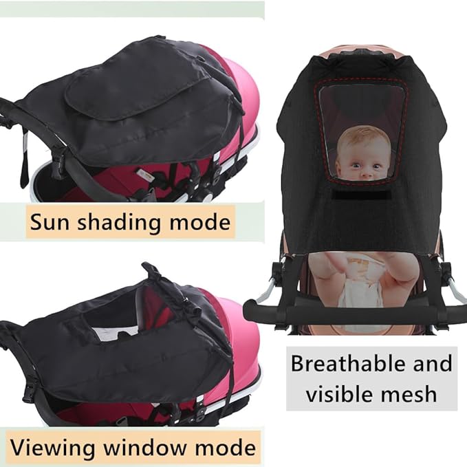 Universal Stroller Sun Shade UV Sun Protection Shade Blackout Cover Waterproof Baby Stroller Cover UPF50+ Pushchair Shield Canopy with Viewing Window Detachable Rain Sunshade Canopy Shield Pram Buggy