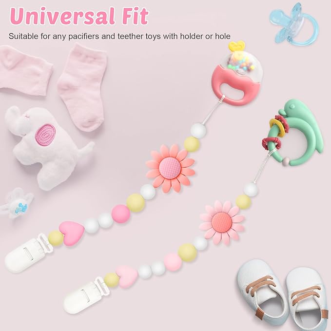 Silicone Pacifier Clip, 2 Pack Pacifier Holder for Boys and Girls, Adorable Sunflower Pacifier Strap Fits for Most Pacifier, Baby Teethers and Toy Straps (Light Pink&Pink)