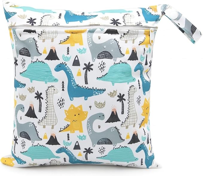 FANALALA Waterproof Wet Dry Bag, Reusable Diaper Pouch with Zipper, Machine Washable Travel Organizer for Beach, Daycare, Kids, Dinosaur Pattern (White Dino)