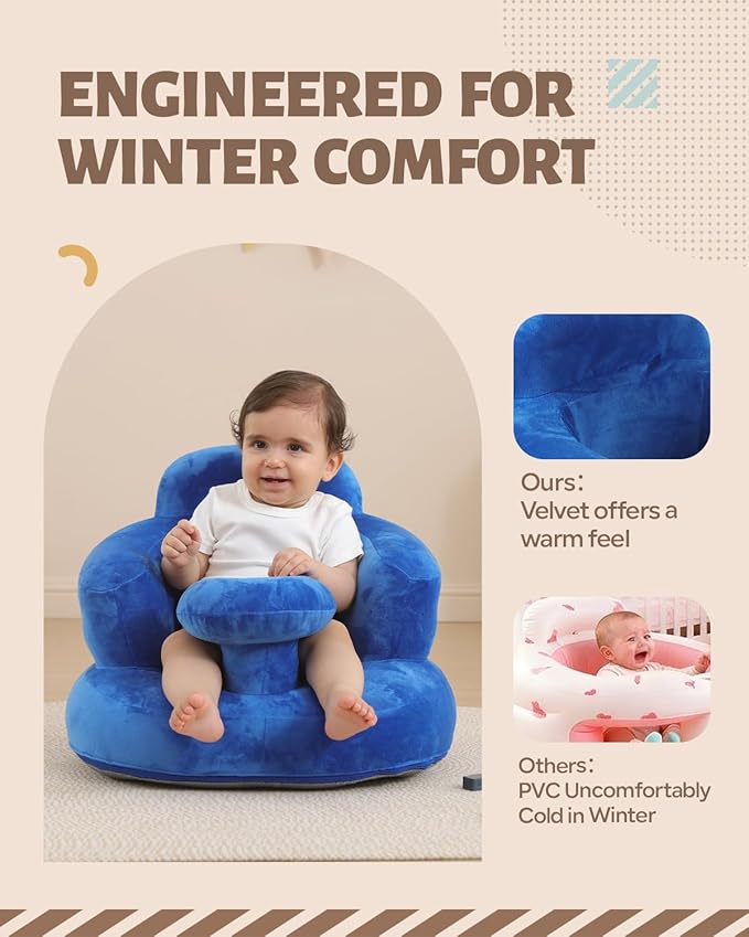 AGITVPS Velvet-Covered Inflatable Baby Seat with Built-in Pump | A Supportive Bumbo Seat for Babies 3-36 Months | Perfect for Learning to Sit, Feeding, Floor Time & Camping (Velvet Tray-Blue)