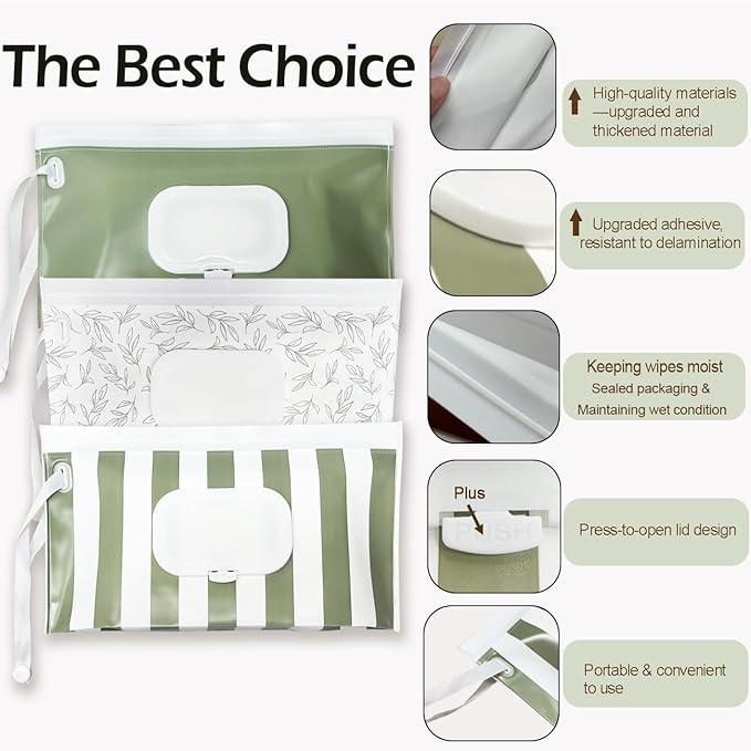 Baby Wipe Holder,Wipe Dispenser, 3-Pack Portable Refillable Wipe Container,Reusable Travel Baby Wipes Case, Waterproof and Dustproof, Wipe Holder for Diaper (Green)