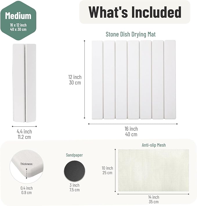 Stone Dish Drying Mat For Kitchen Counter Off-White 16"x12" – Quick Dry & Foldable Diatomaceous Earth Mat for Dish , Bottle , Cup , Tableware & Match Any Countertop.