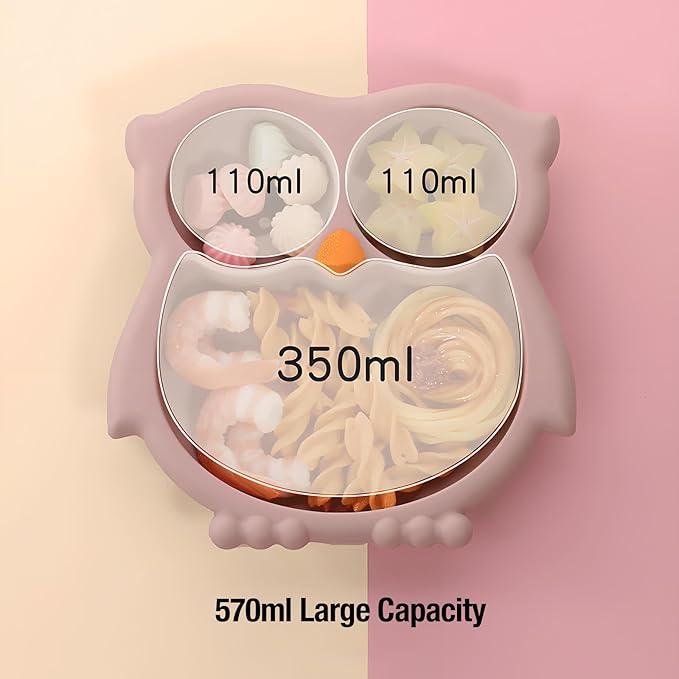 PandaEar Toddler Suction Plates, Stay Put Divided Baby Plates, Owl Shape BPA-Free 100% Food-Grade Silicone Unbreakable Baby Plate, Baby Feeding Supplies (Pink)