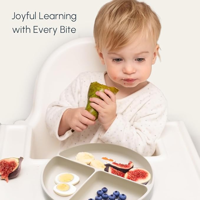 Silicone Suction Plates with Dividers - Grip Plates for Babies 6-12 Months and Toddlers 1-3, Toddler and Baby Dishes, Baby Led Weaning Essentials, Dishwasher Safe (Beige - Dogs and Cats)