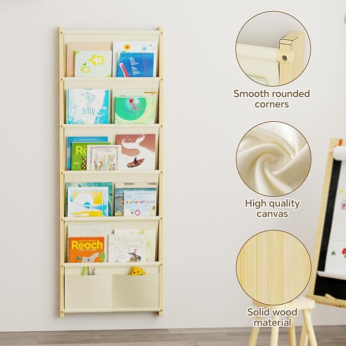 Wood 6-Tier Wall Mounted Kids Bookshelf – Floating Book Shelf For Kids Rooms,Nursery & Classroom, Hanging Bookcase Organizer For Books,Toddler Book Shelf, Montessori Bookshelf, Nursery Shelves