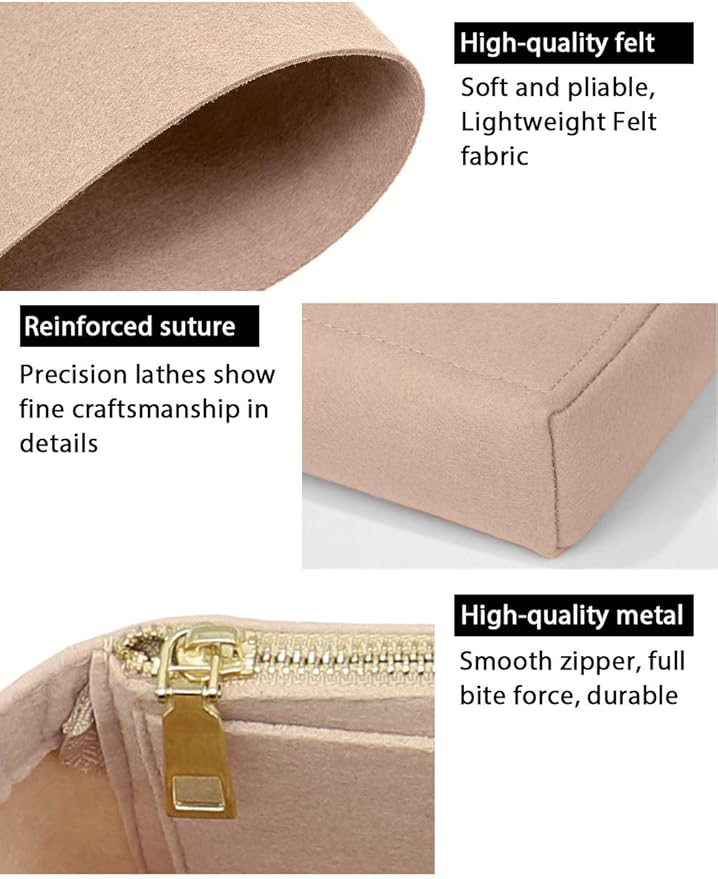 LEXSION Felt Insert Purse Organizer with Zipper,Small Handbag Tote Shaper Insert for GG Marmont Matelasse Shoulder Bag(Pack of 2)-Small 8030 Beige