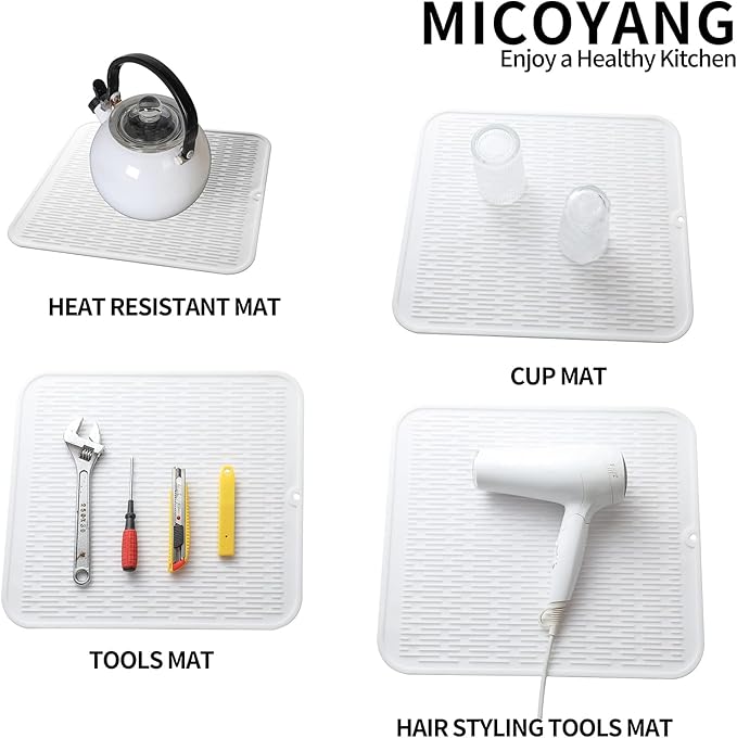 MicoYang Silicone Dish Drying Mat for Multiple Usage,Easy clean,Eco-friendly,Heat-resistant Silicone Mat for Kitchen Counter or Sink,Refrigerator or Drawer Liner White XL 18 inches x 16 inches