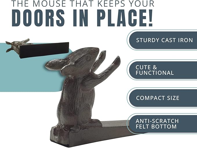 Comfify Vintage Cast Iron Mouse Door Stop Wedge – One Heavy Decorative Piece with Felt Bottom – Rust Brown Finish