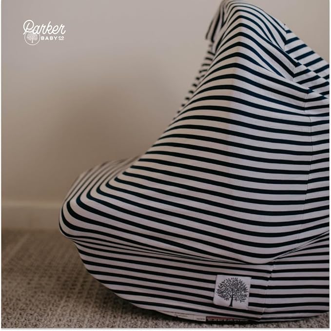 Parker Baby 4 in 1 Car Seat Cover for Boys - Stretchy Carseat Canopy, Nursing Cover, Grocery Cart Cover, High Chair Cover - Navy/White Stripes