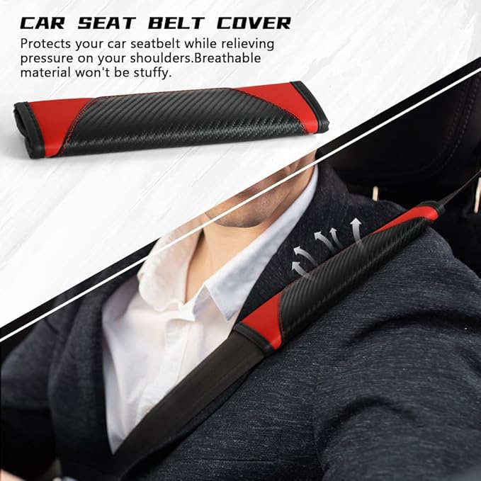 2PCS Car Seat Belt Cover Pad, Soft Carbon Fiber Leather Seatbelt Shoulder Protector for a More Comfortable Driving, Universal Safety Belt Strap Cover to Protect Your Neck (Red)