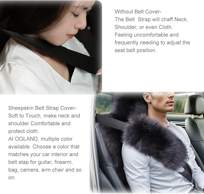 OGLAND Long Wool Sheepskin Seat Belt Covers, Seatbelt Pads for Adults Kids Women Universal Car 2 Pack (Steel)