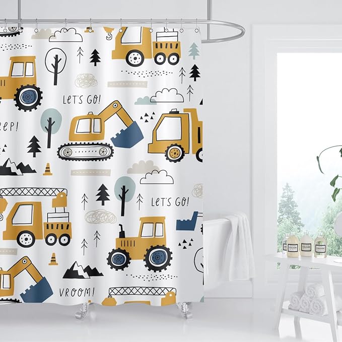 Construction Truck Shower Curtain Cartoon Excavator Vehicle Tractor Cars for Boys Kids Machinery Navy Blue Yellow Bathroom Decor Waterproof Fabric 72Lx72W Inch with Hooks