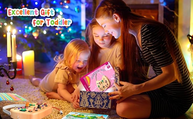 flycoost Montessori Toddler Busy Board, Wooden Busy Board with 17 LED Lights Switch, Travel Toys for Toddlers 1-3 Years,Toddler Sensory Boards, Toys for 1 Year Old Girls