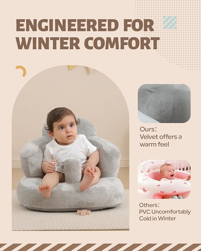 AGITVPS Velvet-Covered Inflatable Baby Seat with Built-in Pump | A Supportive Bumbo Seat for Babies 3-36 Months | Perfect for Learning to Sit, Feeding, Floor Time & Camping (Velvet Pillar-Gray)