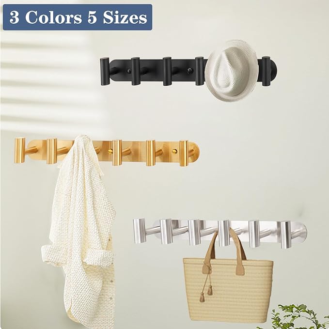 Coat Hook Rack, Wall Mounted Coat Rack with 6 Hooks, Heavy Duty Towel Hooks Rack Wall Hooks for Hanging Clothes Jacket Purse, Stainless Steel Coat Hanger for Bathroom Entryway Mudroom(Gold)