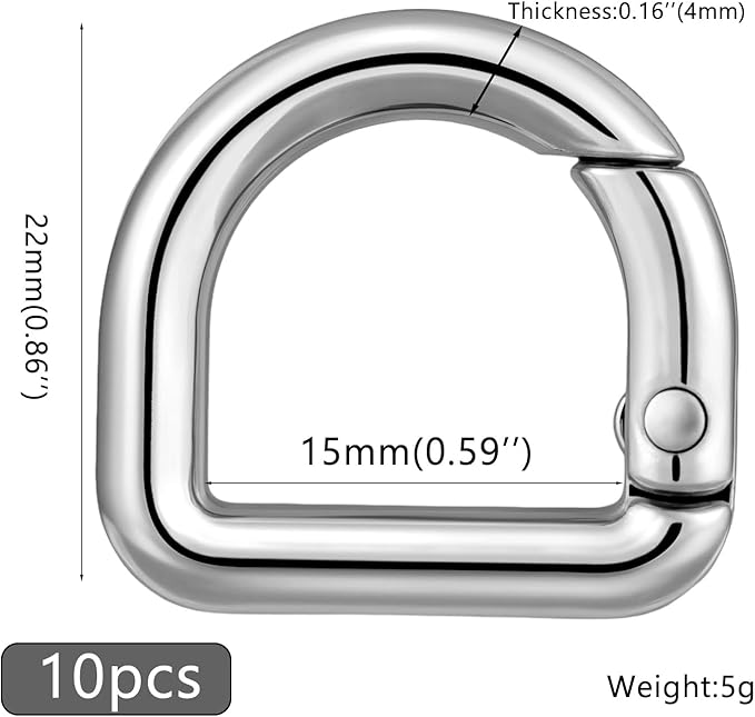 10pcs Metal D Ring Spring Key Hooks Keyring Clip for Keychain Buckle, Backpacks Handbag Purse Hardware, DIY Crafts