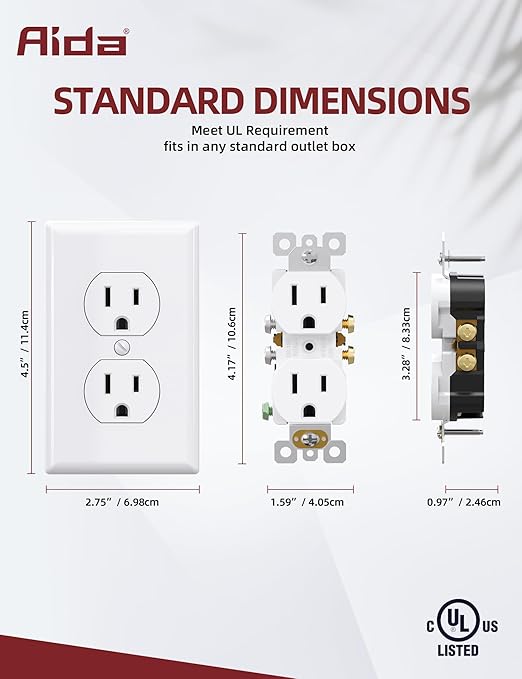 AIDA Outlet White Duplex Receptacle with Wall Plate, Electrical Outlet Electrical Wall Outlet, 15 Amp Outlet 125V, Self-Grounding, 2-Pole, 3-Wire, 5-15R, UL Listed, 10 Pack