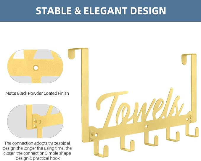 Azmoncy Over The Door Hooks - Heavy Duty Towel Rack with 5 Coat Hooks for Bedroom Kitchen, Gold Bathroom Decor
