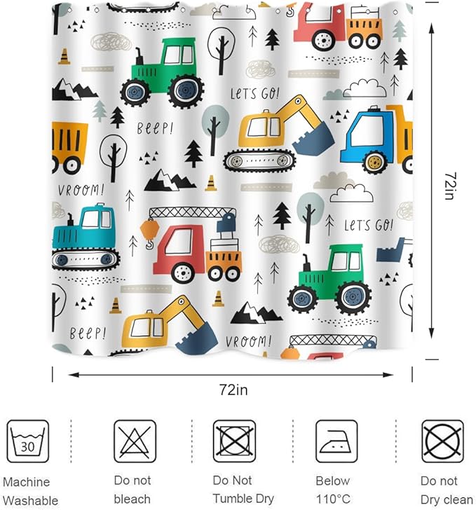 Colourful Construction Truck Shower Curtain Cartoon Excavator Vehicle Tractor Cars for Boys Kids Machinery Bathroom Decor Waterproof Fabric 72Lx72W Inch with Hooks