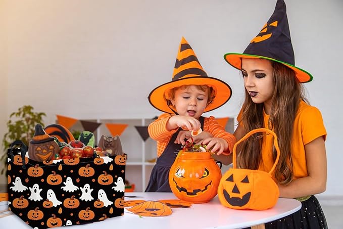 Essme Rectangular Halloween Basket,Ghost Baskets Empty with Handles,Cute Baskets for Kids Halloweens Room Decor,Boys and Girls, Candy Basket,(Cute Ghost)