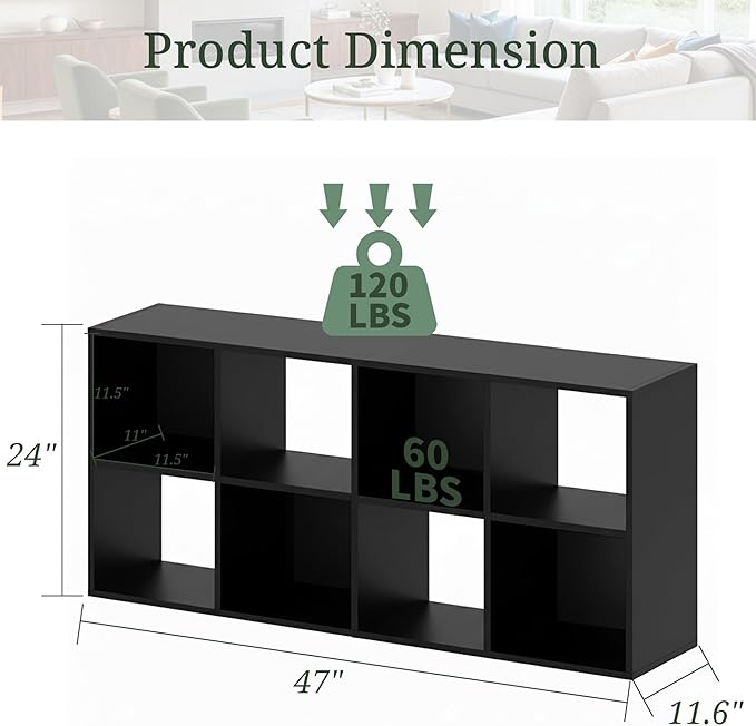 8-Cube Storage Organizer, Black Bookshelf with Open Compartments for Home Office, Modern Bookcase Display Shelf for Living Room, Bedroom & Entryway