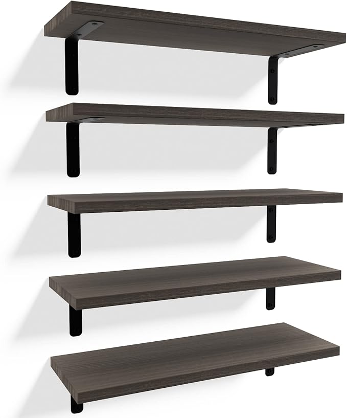 RICHER HOUSE Floating Shelves for Wall Décor, Rustic Wood Wall Mounted Shelves for Bedroom Set of 5, Farmhouse Shelf for Bathroom, Hanging Shelves for Storage - Deep Brown