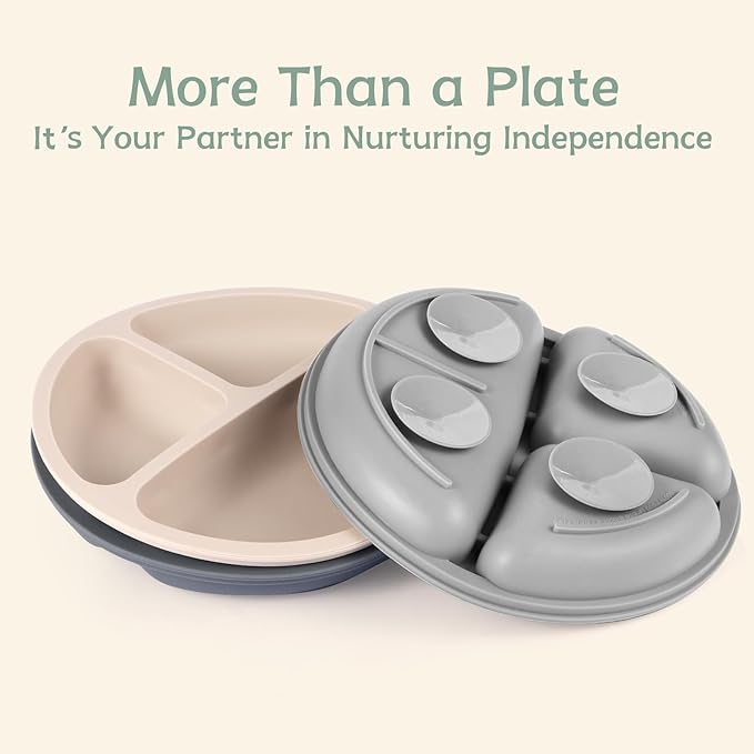 Eascrozn Toddler Plates, 3 Pack Divided Baby Plates with Suction, Food Grade Silicone Baby Led Weaning Supplies, BPA Free, Non-Slip, Microwave and Dishwasher Safe