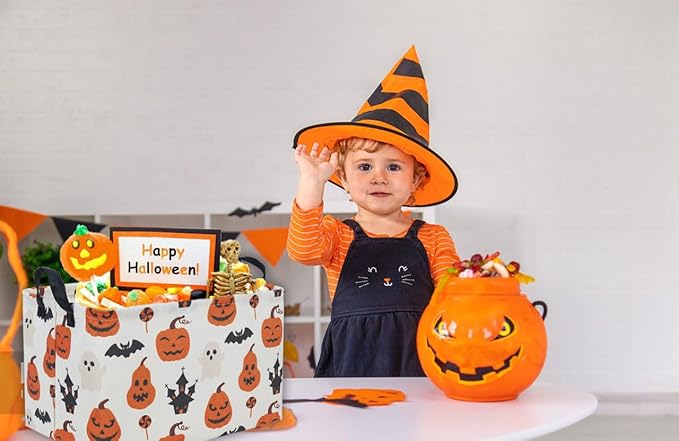 Essme Rectangular Halloween Basket,Kids Basket Empty with Handles,Cute Baskets for kids Room Decor,Boys and Girls, Candy Bins.( Castle Halloween).