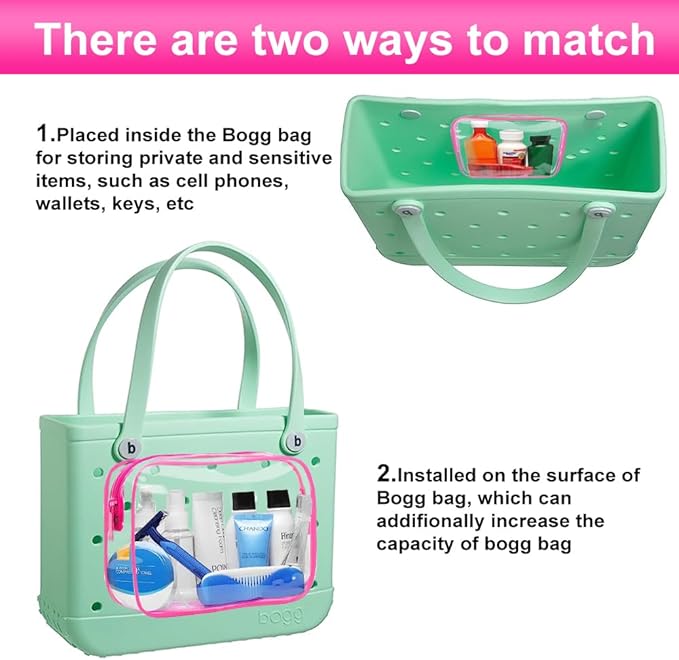 3 Packs Clear Bogg Beach Tote Bag with 2 Pack Insert Hooks Accessories for Bogg Bags Travel Makeup Clean Toiletry Brush Organizer Cosmetic Divider Storage Inner Pouch