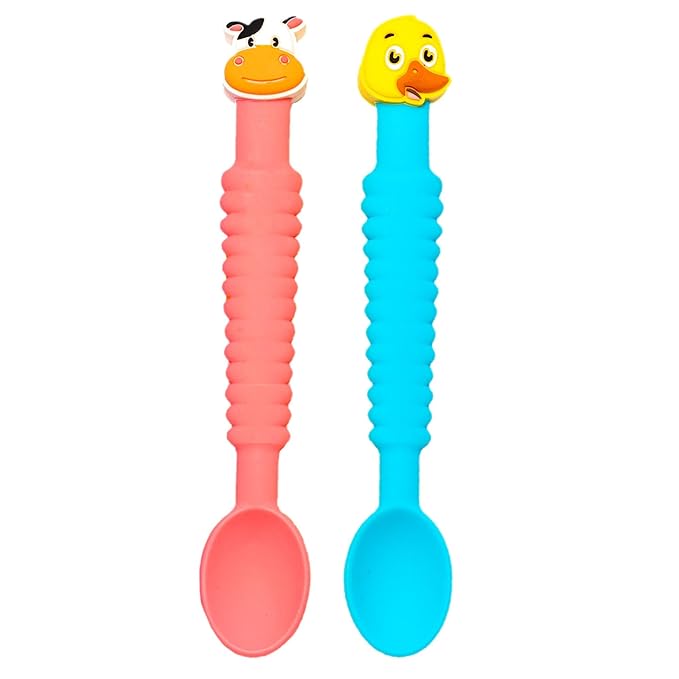 Little Grubbers 3-in-1 Silicone Baby Spoon Self Feeding 6+ Months - Pediatric OT Designed Teether Spoon, BPA Free Toddler Utensils, Mess-Free, Fun for Baby Led Weaning Supplies, Cow & Duck