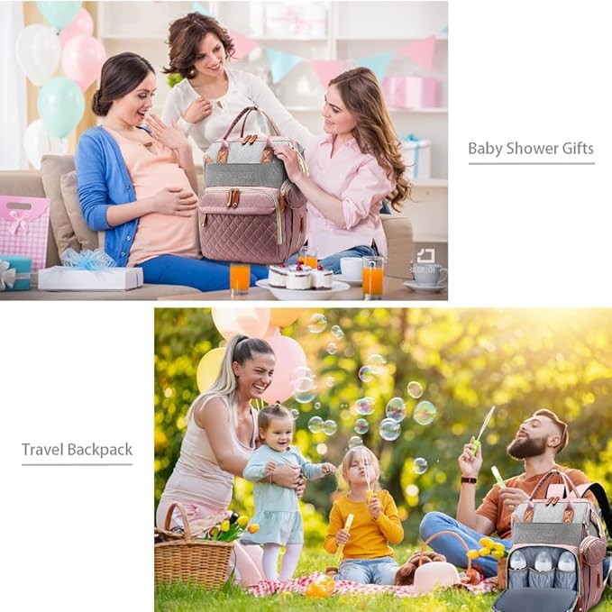 SHITIESHOU Diaper Bag Backpack Baby Bag, Baby Girl Boy Diaper Bag for Dad Mom with Pad, 16 Pockets, Pacifier Case, Large Diaper Bags Unisex for Travel(Pink Grey)