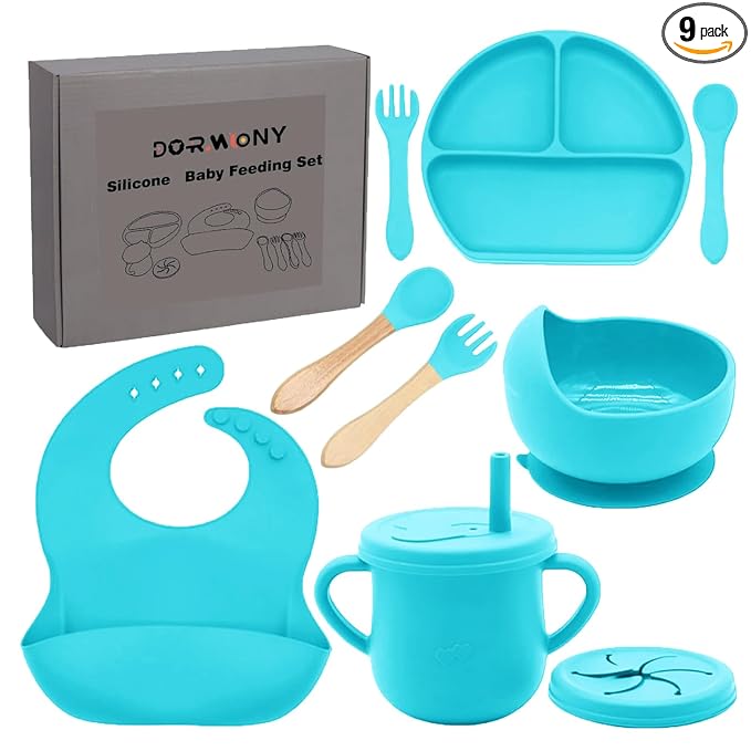 100% Silicone baby feeding set,BPA free Baby dishes set with Suction Bowl Divided Plate,Toddler Self Feeding Dish Set with Spoons Forks Sippy Cup And Bib, Baby Eating Utensils (Cyan Blue)