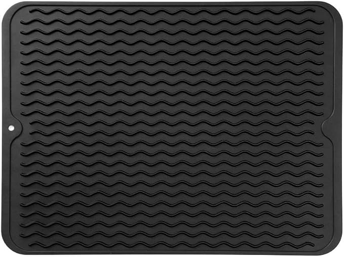 MicoYang Silicone Dish Drying Mat for Multiple Usage,Easy clean,Eco-friendly,Heat-resistant Silicone Mat for Kitchen Counter or Sink,Refrigerator or drawer liner Black L 16 inches x 12 inches