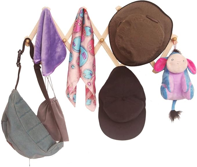 AMAPON Accordion Style Expandable Wall Wooden Coat Rack 13 Hooks (Pegs) Hang Hats Jackets Coffee Mug Purses Necklaces Towels Cap Leash Scarves Data Line Kitchenware
