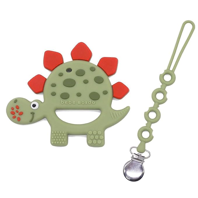 Dinosaur Teething Toys 3-6 Months with Pacifier Clip, Baby Teether 6-12 Months,Silicone Teethers, Soft-Textured Infant Toys for Teething Relief & Brain Development, Newborn Essentials-Olive