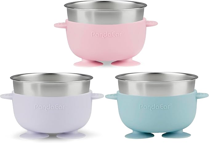 PandaEar 3 Pack Baby Stainless Steel Bowls with Suction, Non-Slip Child Food Bowl with Silicone Sleeve for Kids Toddlers Infants, Extra Strong Base, BPA free